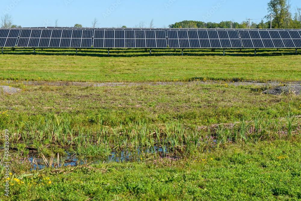 Solar Power Panels in a Solar Farm for Clean Green Alternative Energy Production to Battle Climate Change Global Warming