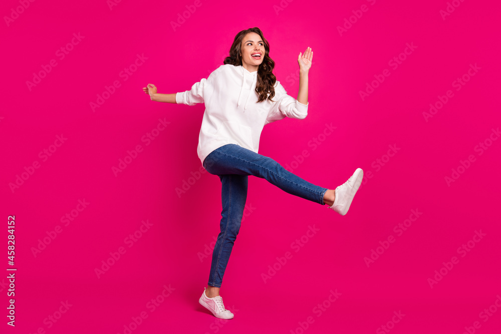 Full size photo of young cheerful girl happy positive smile dancer party cool isolated over pink color background