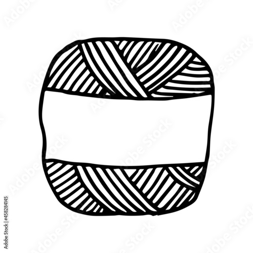 A skein of yarn with knitting needles in doodle style. Needlework, knitting. Black and white vector illustration. Isolated on white background design element