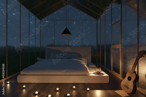 3d rendering of cozy greenhouse with white bed and illuminated candles at night