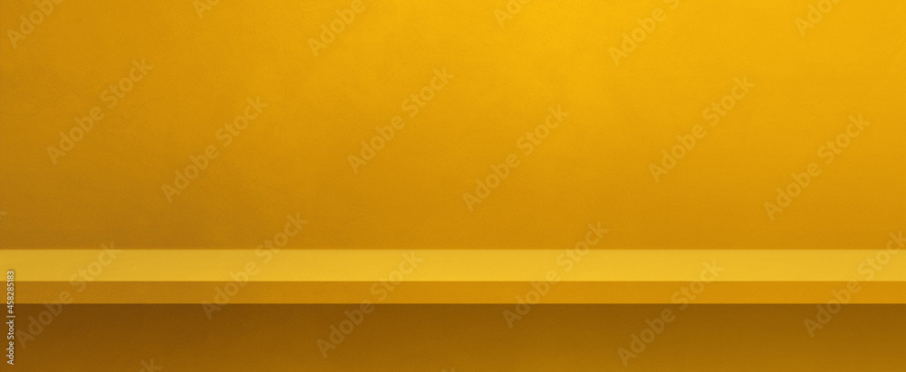 Empty shelf on a yellow wall. Background template. Horizontal banner