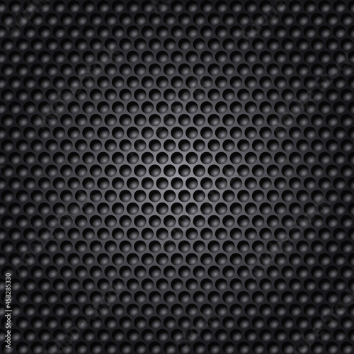 Black Grid with Regular Round Holes, or Spheres with Light Effect. Perforated Metal Texture Seamless Pattern Background, Dotted Technological Metallic Backdrop