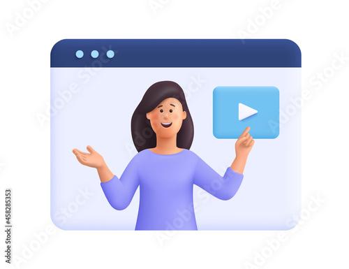 Young woman Ann, webinar, online conference, online learning, lectures and training in internet.  3d vector people character illustration.