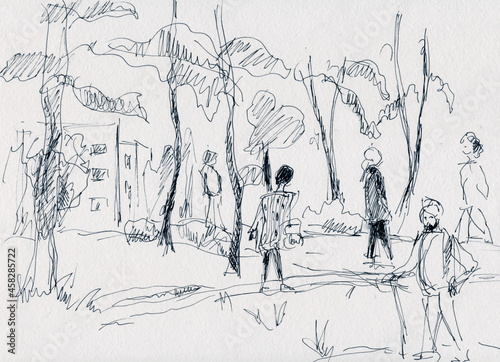 Instant sketch  people walking in the park