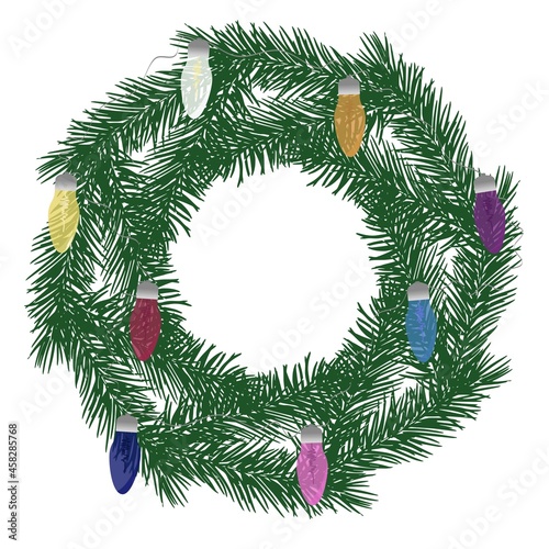 Christmas wreath made of pine branches. Vector illustration frame on the door made of Christmas tree branches with colorful light bulbs