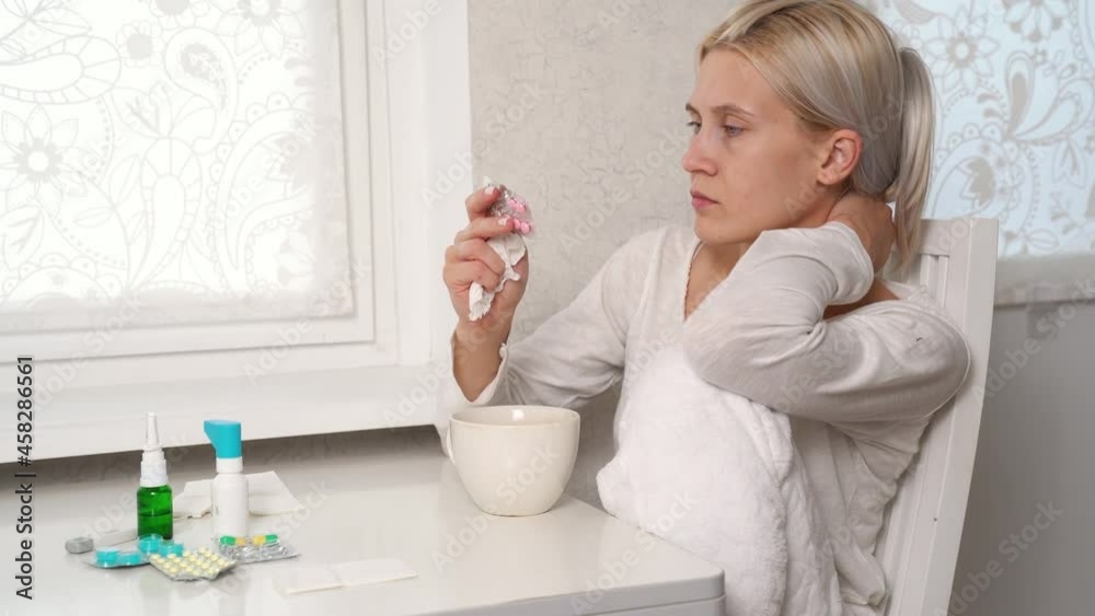 Sick Girl Reads Medication Instruction, Drinks Pill Sick Girl Reads Medication Instruction, Drinks Pill