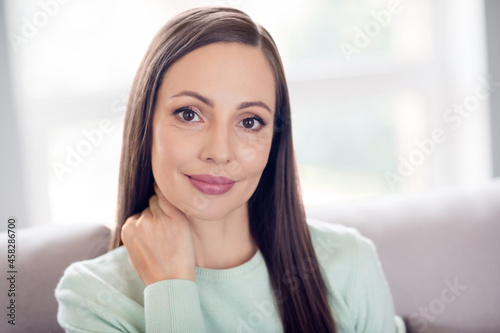 Free Download Photo of optimistic young brunette lady hand neck wear blue shirt at home alone - GFXLoad