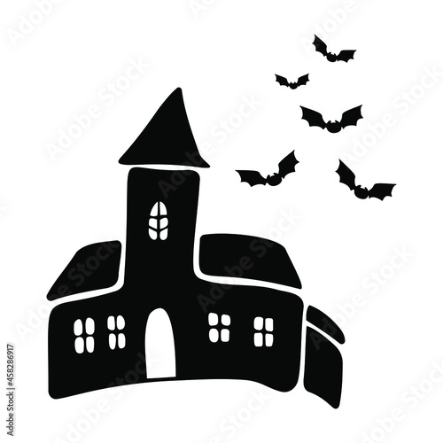 Hauted house with bats in doodle style. Black and white vector illustration on isolated background. photo