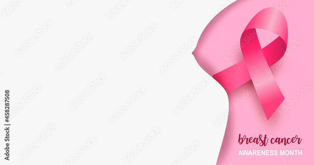 Breast cancer awareness month symbol emblem. Design with pink ribbon on pink background. vector.