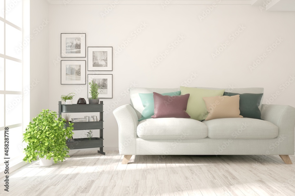 Fototapeta premium White living room with sofa. Scandinavian interior design. 3D illustration