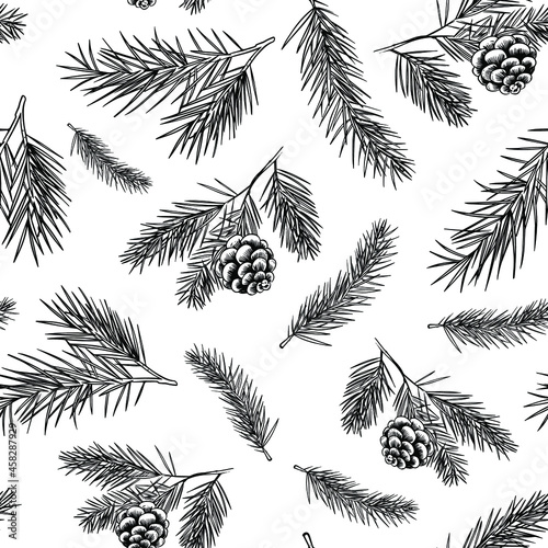 Spruce cones. Seamless pattern design. Vector sketch illustrations.
