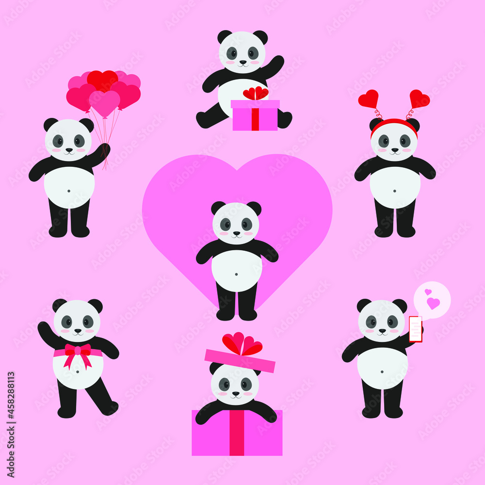 This is a set of pandas in different actions for valentines day isolated on a pink background.