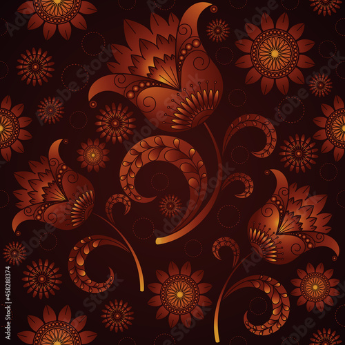 Seamless brown background from graceful tulips and chamomiles in vector. The abstract background is suitable for textiles, fabrics, wallpapers, wrapping paper and other printing purposes.