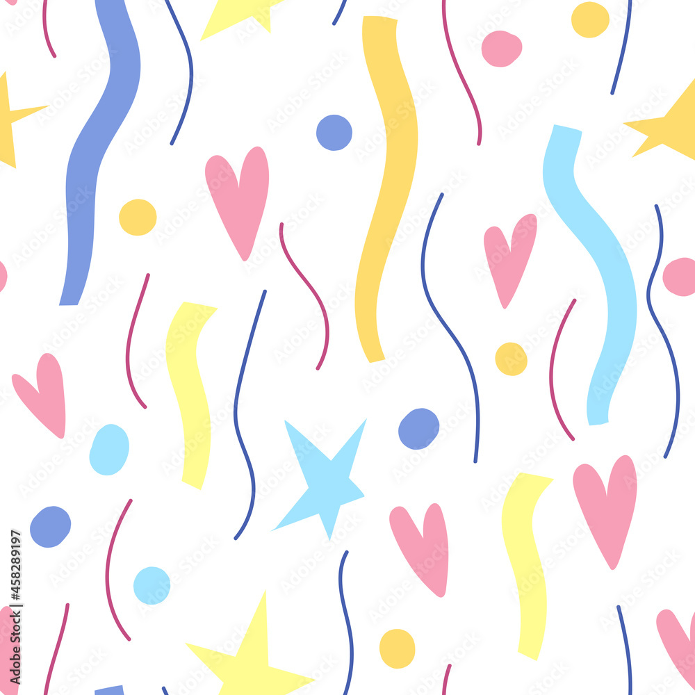 Ceamless pattern with streamers and hearts. Background for Birthday, anniversary and party.