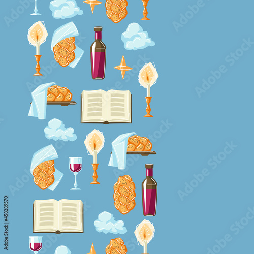 Shabbat Shalom seamless pattern with religious objects. Background with Jewish symbols.