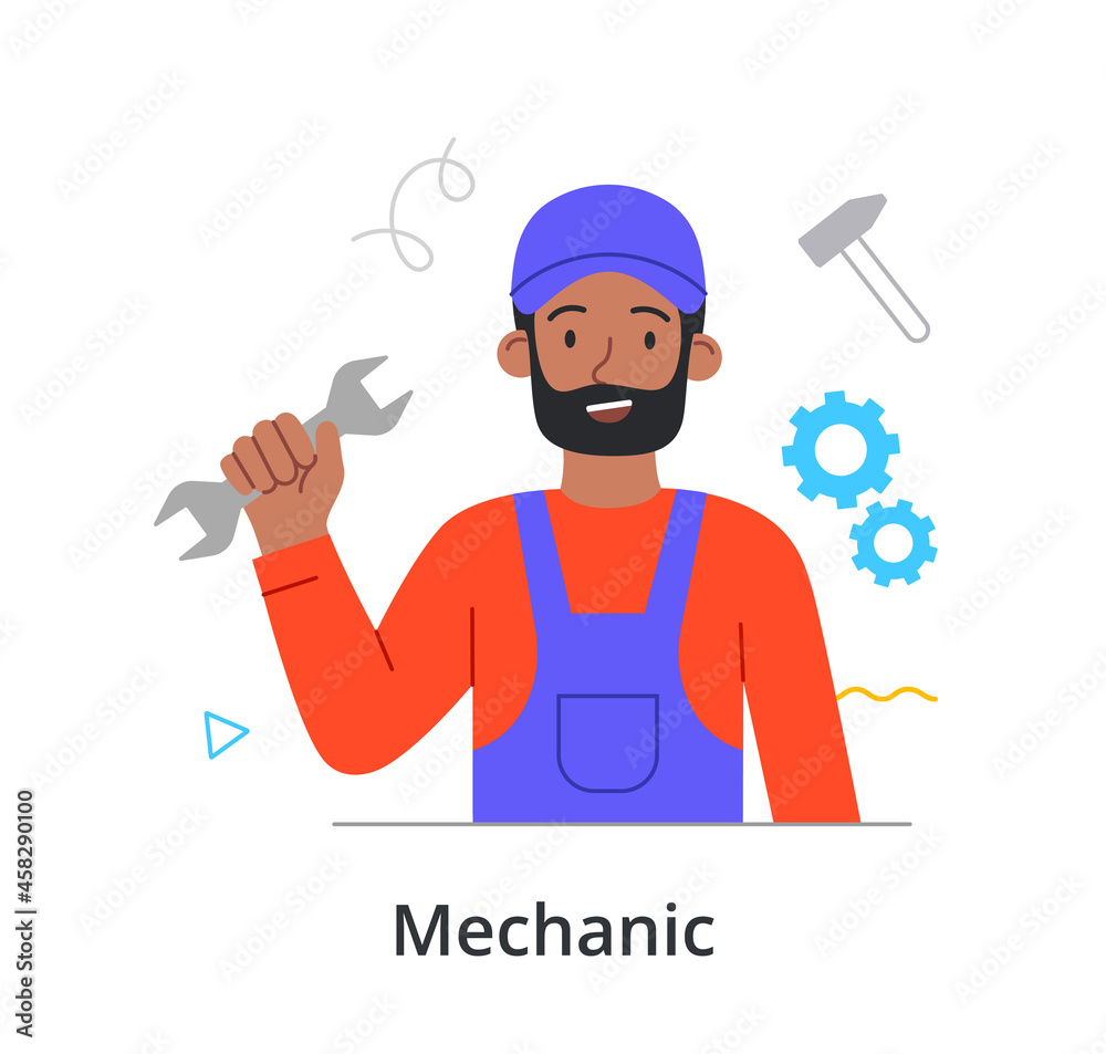 Smiling male character is enjoing working as a mechanic on white background. People like their job. Man is holding a wrench with mechanic equipment on the background. Flat cartoon vector illustration