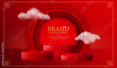 Chinese new year brand banner template with podium on red background. Asian elements with craft style on background. Cute template for sale or advertising. Flat cartoon vector illustration