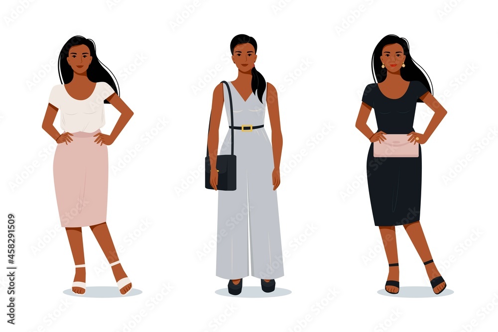 Stylish modern afro woman in flat style. Vector female characters in different clothes. Evening outfit. Office suit. Stylish modern afro woman in flat style. Vector female characters in different clothes. Evening outfit. Office suit.
