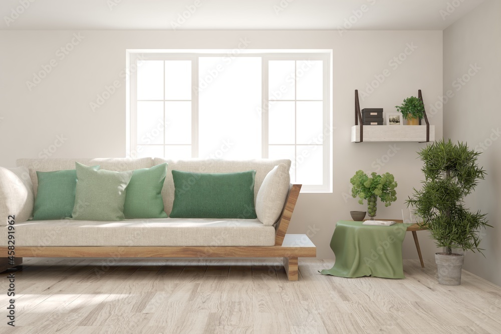 Fototapeta premium Stylish room in white color with sofa. Scandinavian interior design. 3D illustration