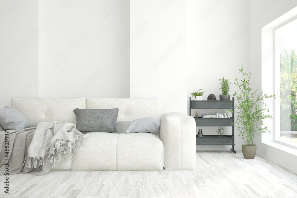 Fototapeta premium Modern living room in white color with sofa. Scandinavian interior design. 3D illustration