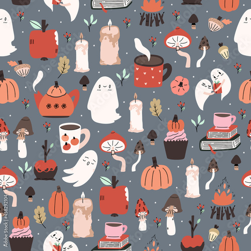 Cute illustrated halloween pattern. Seamleass repeated background. photo