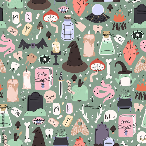 Cute illustrated halloween pattern. Seamleass repeated background.