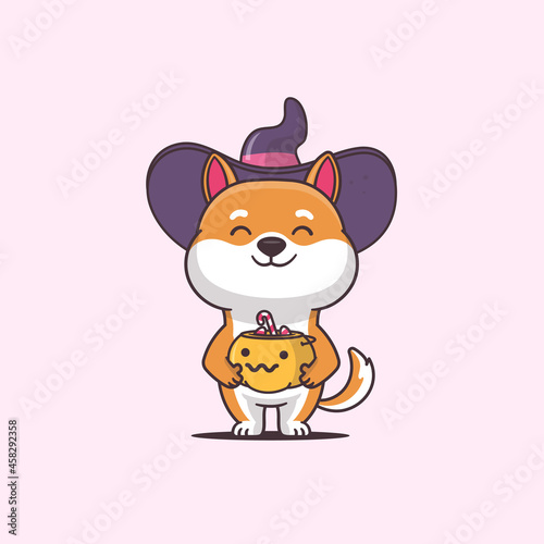 Cute shiba inu kawaii cartoon character holding box with candies wearing witch Halloween costume vector illustration.