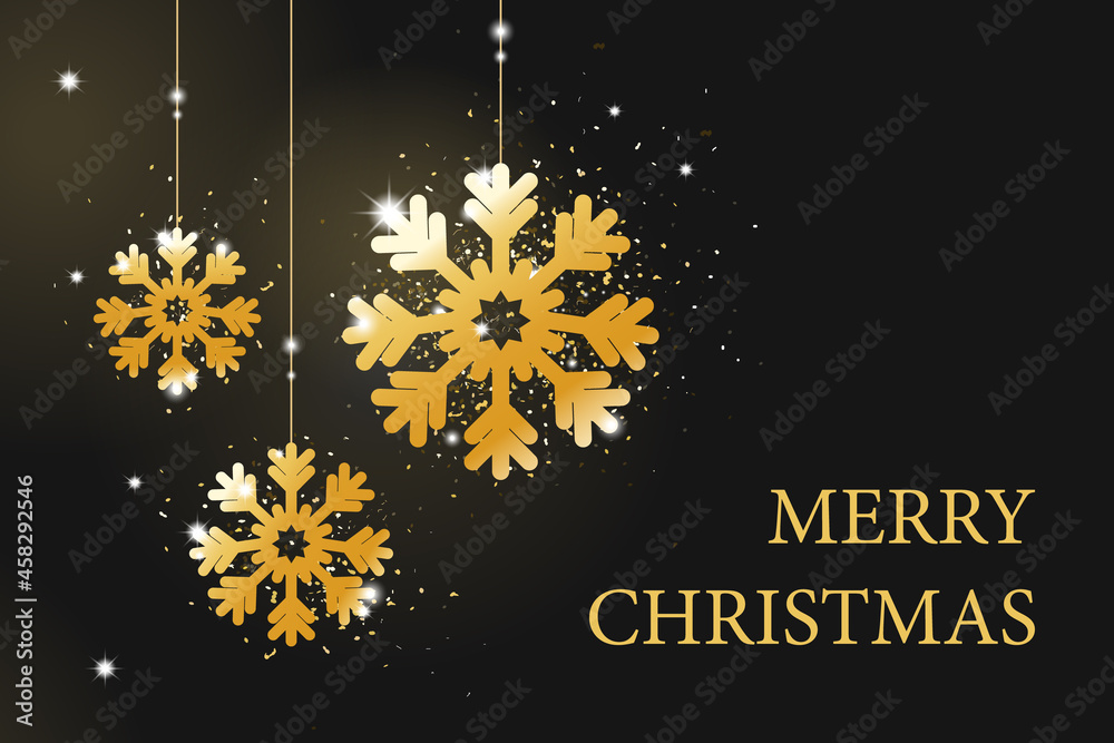 Fototapeta premium Christmas greeting card with golden hanging snowflakes.