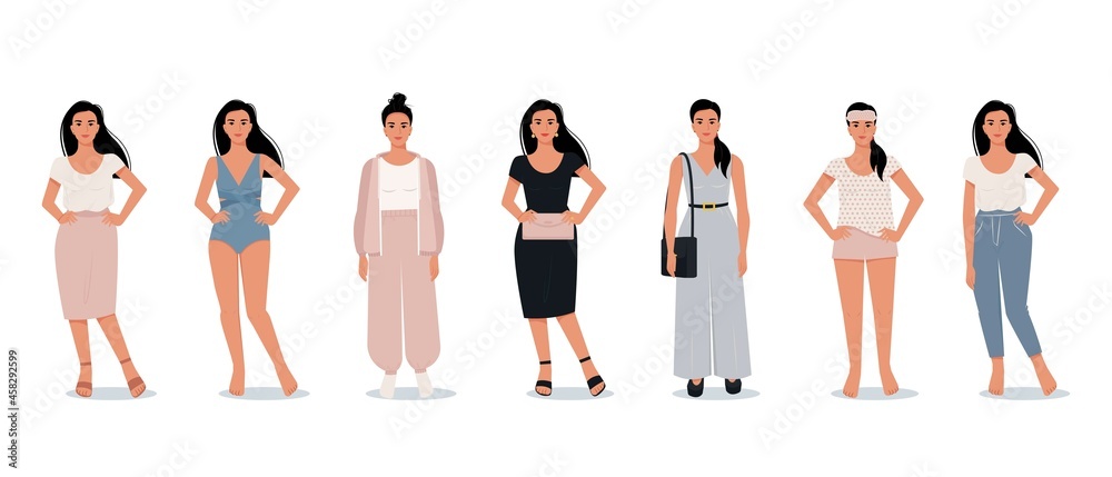 Stylish modern woman in flat style. Vector female characters in different clothes. Comfortable home clothes. Evening outfit. Office suit. Stylish modern woman in flat style. Vector female characters in different clothes. Comfortable home clothes. Evening outfit. Office suit.