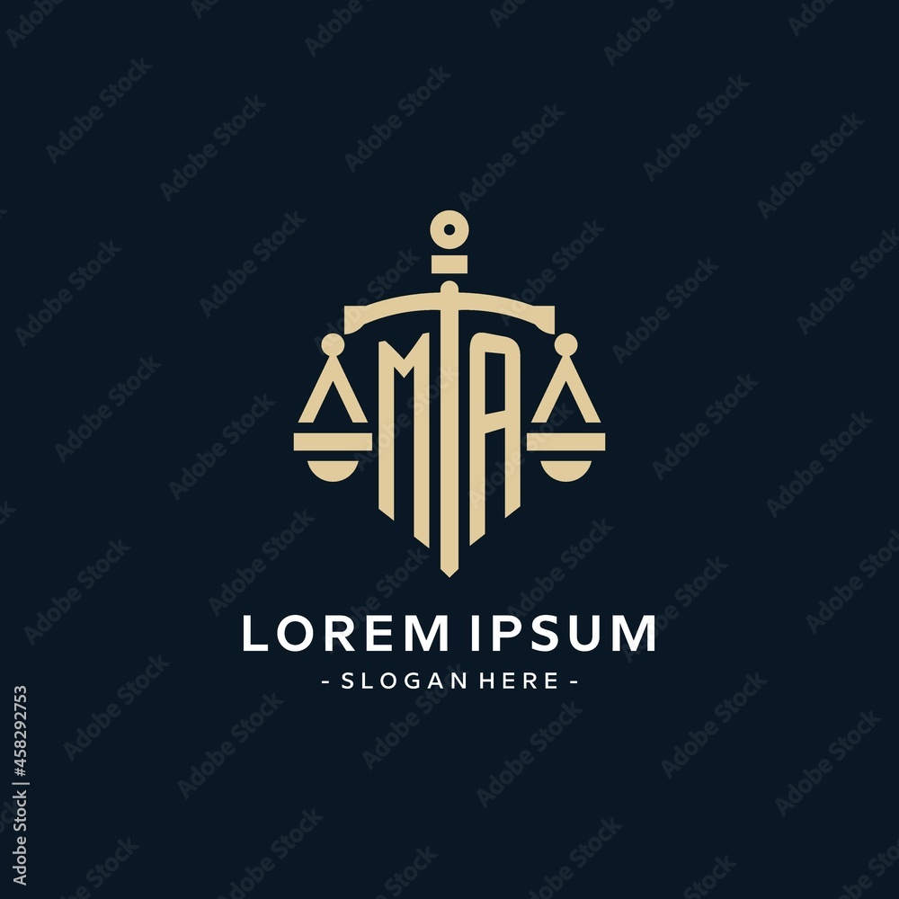 MA initial logo with scale of justice and shield icon - obrazy, fototapety, plakaty 