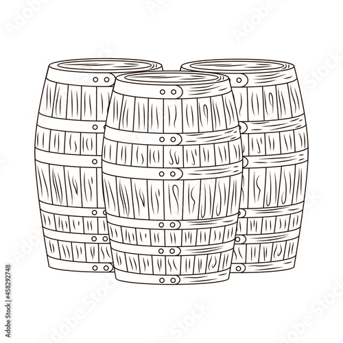 Set barrel isolated on white background. Wooden keg in engraved style. Vintage sketch black outline close up.