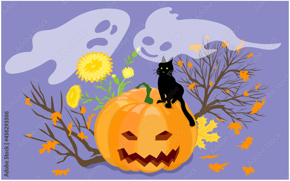 Cute halloween pumpkin. Ghosts scaring a black cat