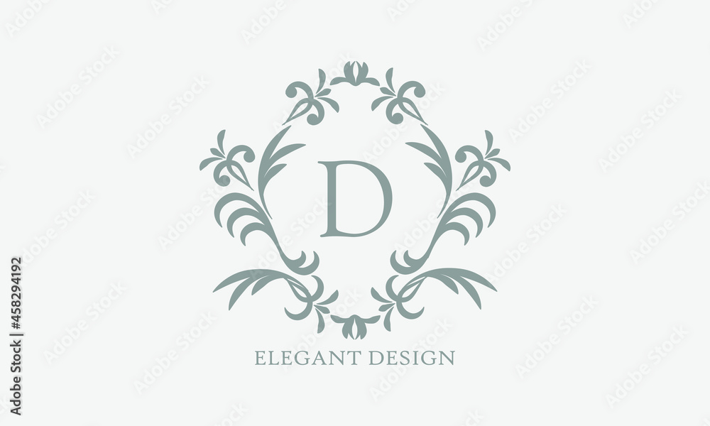 Exquisite design of an elegant monogram with the letter D in the center in gray. Logo for boutiques, cafes, bars, restaurants, invitations. Business style and brand of the company Exquisite design of an elegant monogram with the letter D in the center in gray. Logo for boutiques, cafes, bars, restaurants, invitations. Business style and brand of the company