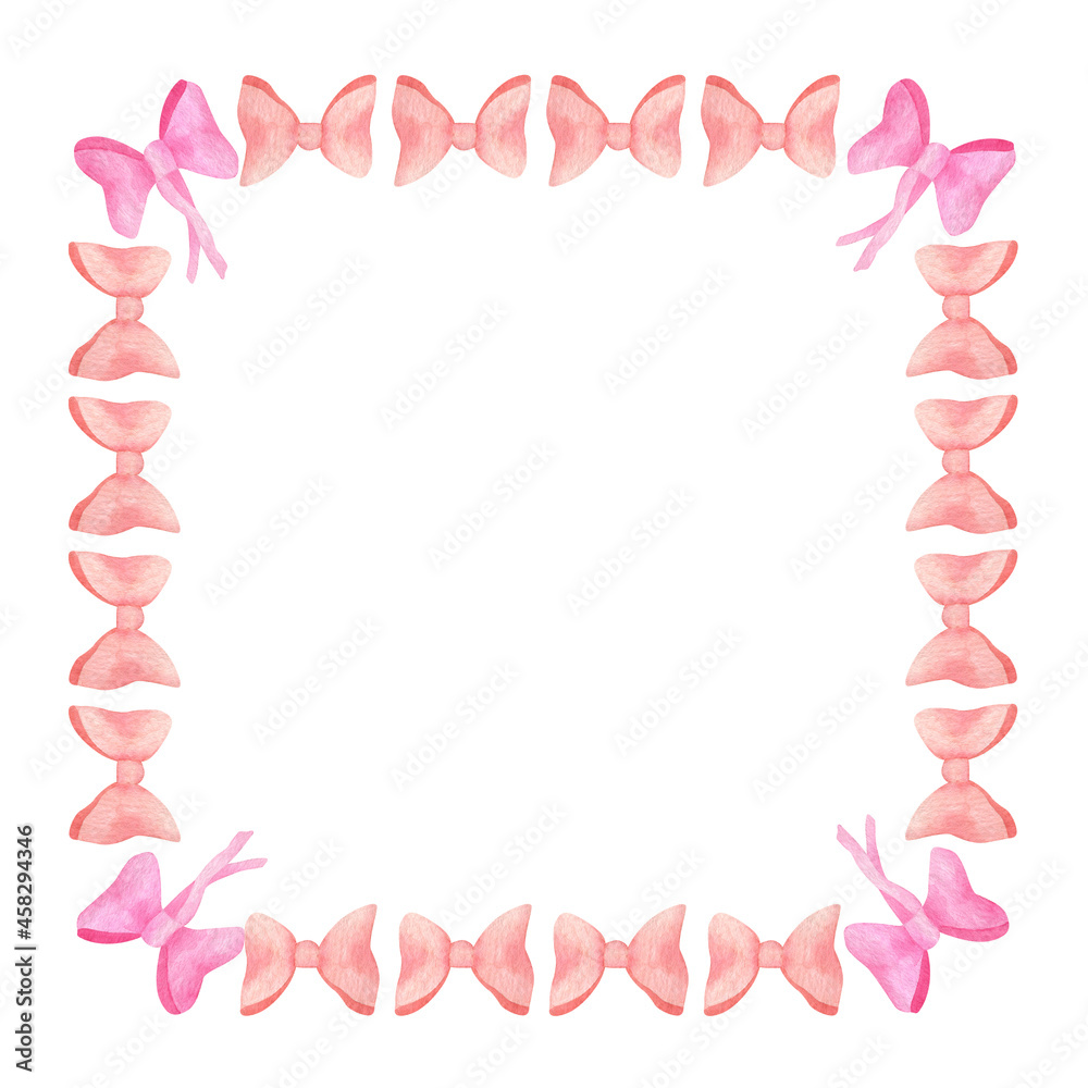 Fototapeta premium Watercolor ribbon bows frame. Hand painted cute pink border. Square card template for baby shower, girl birthday, scrapbooking. Kids nursery illustration