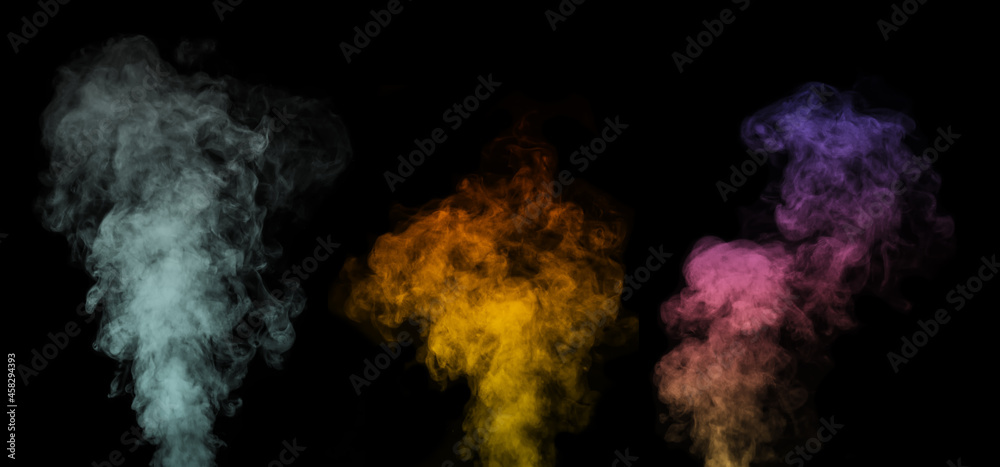A set of multi-colored different vapors, smoke on a black background to overlay on your photos. Perfect smoke, steam, fragrance, incense for your photos. Create mystical Halloween photos.