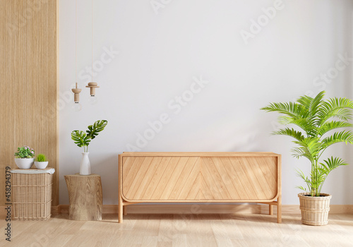 Wood sideboard in living room interior with copy space, 3D rendering photo