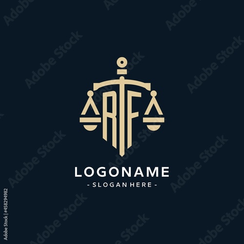 RF initial logo with scale of justice and shield icon