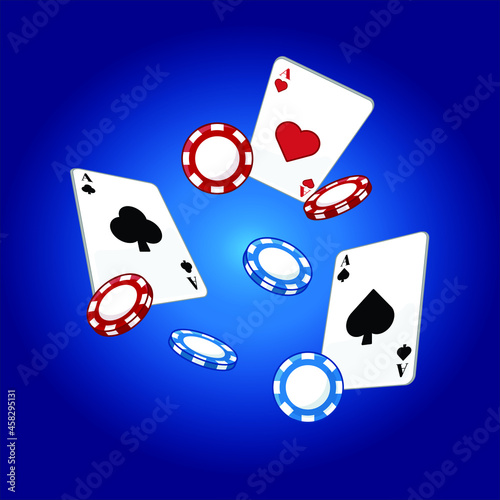 Playing Cards and Casino Chips Illustration. Casino Poker Item in Blue Background.