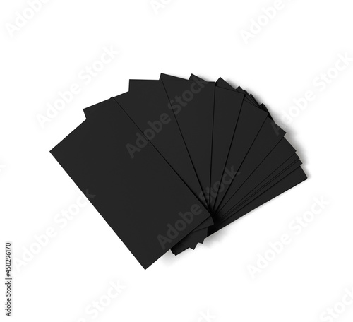 Blank black business cards isolated with clipping path on white background. Top view.