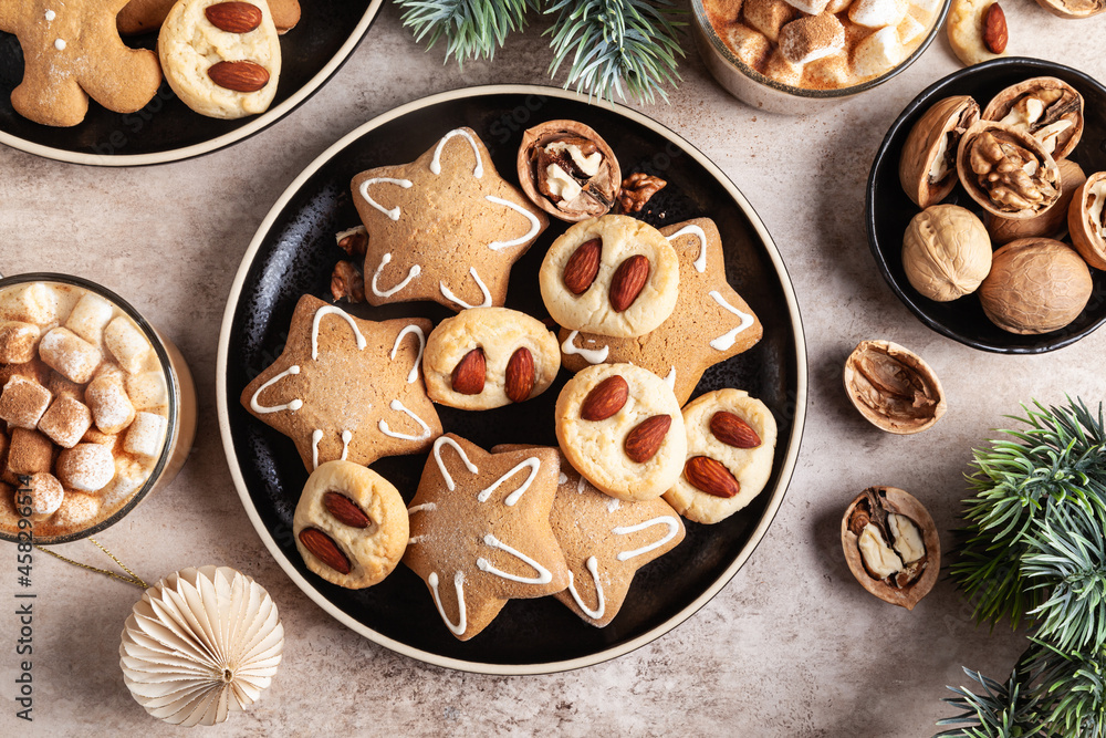 Gingerbread stars and cookies with almonds. Gingerbread stars and cookies with almonds.