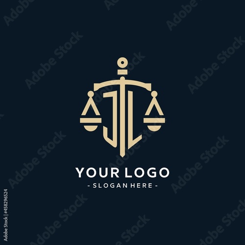 JL initial logo with scale of justice and shield icon