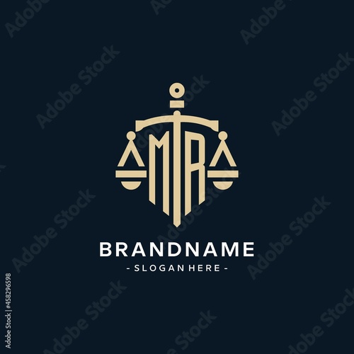 MR initial logo with scale of justice and shield icon