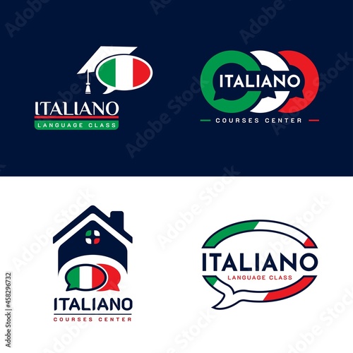 Set of Learning Italian Language Class Logo. language exchange program, forum, speech bubble, and international communication sign. With Italy Flag