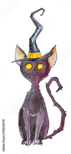Fototapeta Naklejka Na Ścianę i Meble -  A watercolor-painted sitting black cat with a witch hat