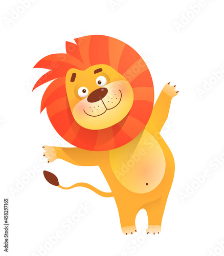 Funny friendly greeting lion for kids and children  African humorous safari animal mascot. Isolated vector lion clipart in watercolor style.