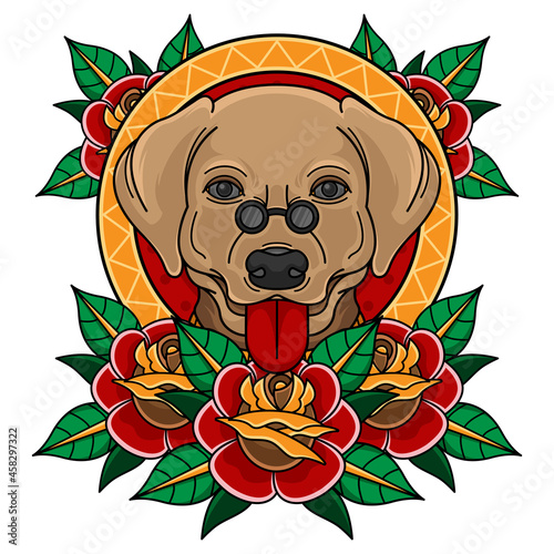 traditional tattoo dog head with rose
