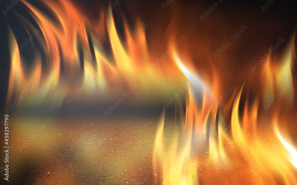 Dark abstract background. Glowing flames on a black background. Reflection on the texture of asphalt. Neon glow. Dark abstract background. Glowing flames on a black background. Reflection on the texture of asphalt. Neon glow.