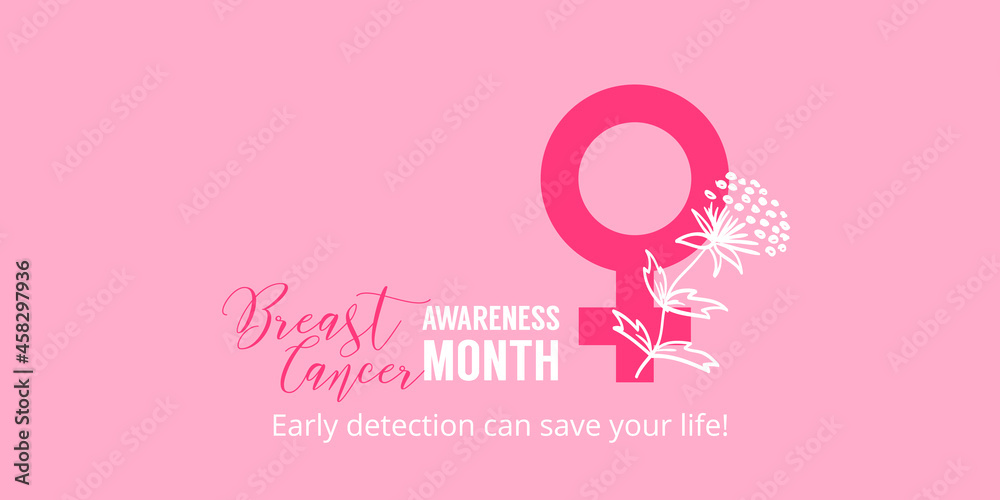 Pink background with female sign. Breast cancer awareness month lettering. Poster for october healthcare campaign