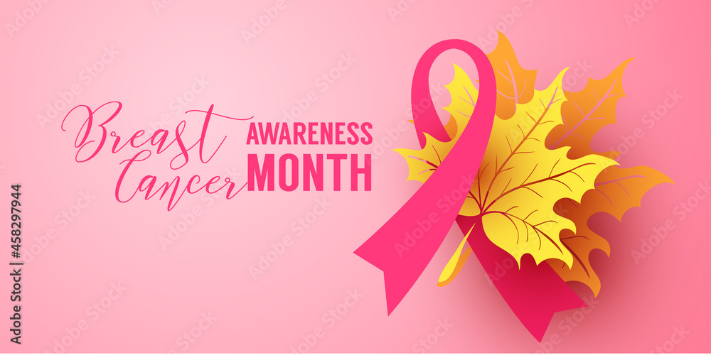 Pink background with paper ribbon symbol and yellow leaves. Poster of breast cancer october awareness month campaign