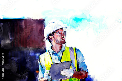 Digital painting and drawing of Logistics engineer working with checking list of shipping container in commercial transport port photo